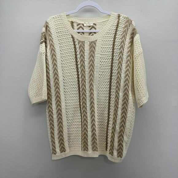 La Miel Boutique Western Boho Vibe Cream Tan‎ Open Weave Short Sleeve Sweater - Picture 1 of 5